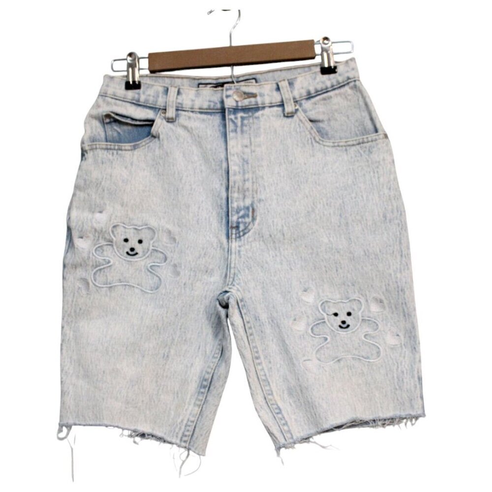 Vintage 90s Jean Shorts Size 28 Acid Wash Embroidered Bears Hearts Anti Basic